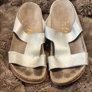 Birkenstock-Silver Leather Slide Sandals